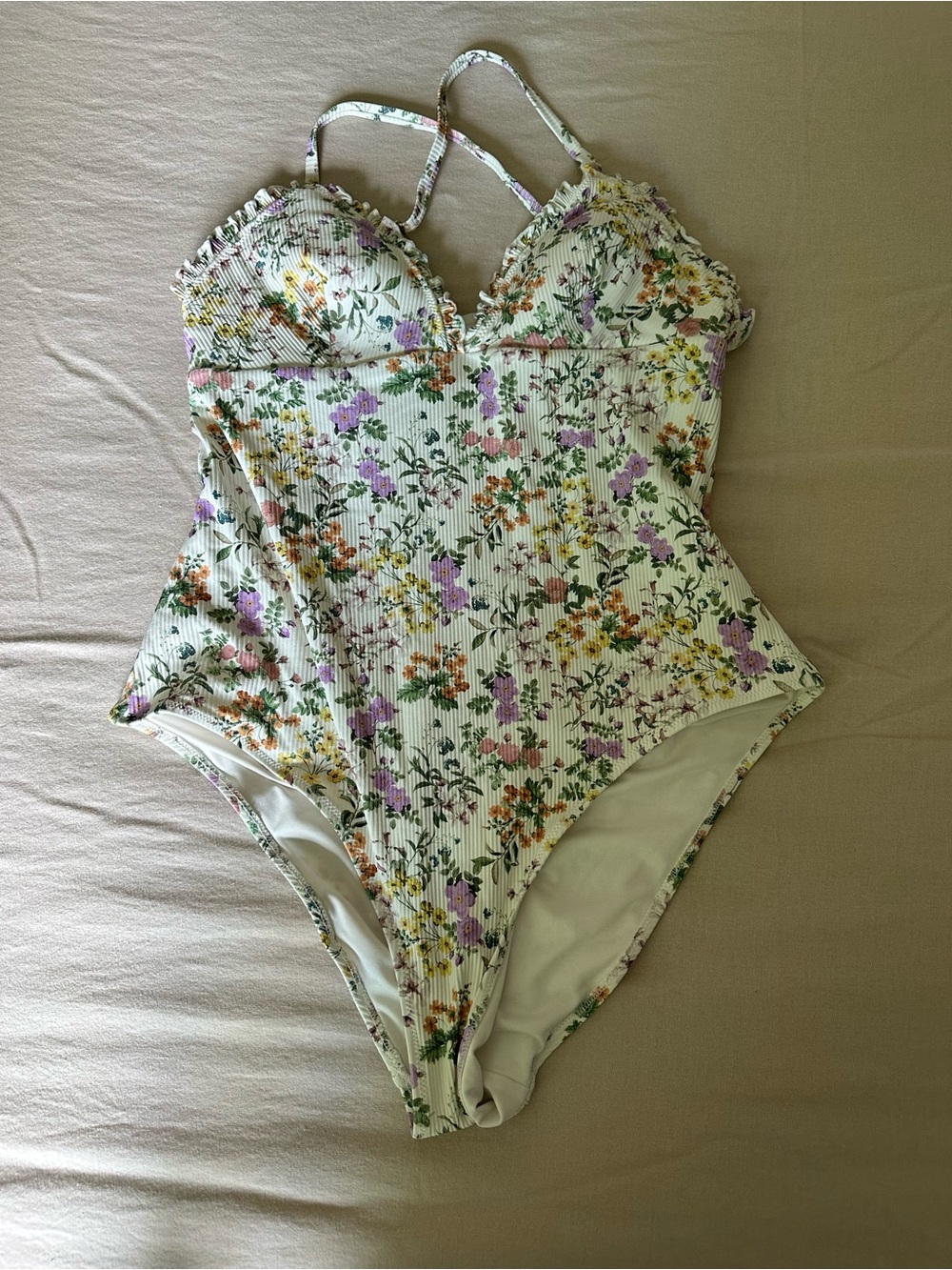 H&M White Floral One-Piece Swimsuit with Purple & Yellow Flowers